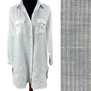 KIWI Saint-Tropez 100% Linen Long Sleeve Tunic Size M Blue White Beach Vacation